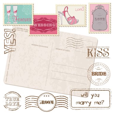 Set Of Wedding Postage Stamps with retro Postcard clipart