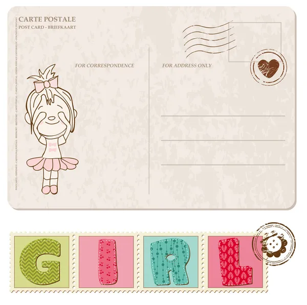 Dziecko dziewczynka przyjazdu pocztówka z zestaw znaczków — Wektor stockowy