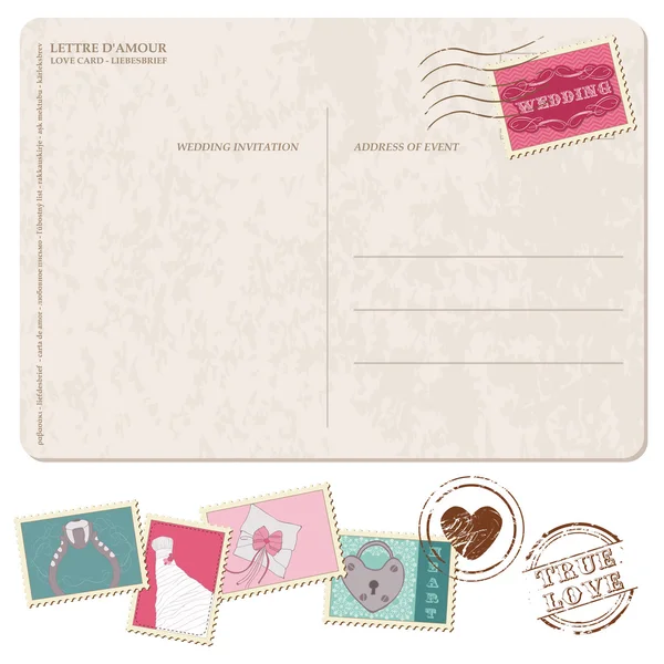 Boda retro invitación postal, con sellos - para el diseño y — Vector de stock