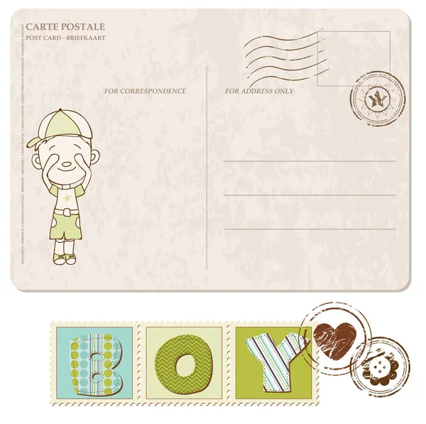 Dziecko chłopca przyjazdu pocztówka z zestaw znaczków — Wektor stockowy