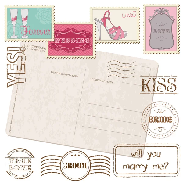 Set di francobolli per matrimonio con cartolina retrò — Vettoriale Stock