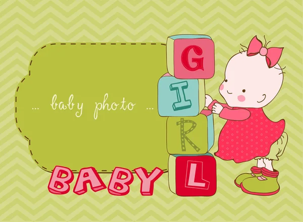 Carte d'arrivée de bébé fille avec cadre photo dans le vecteur — Image vectorielle
