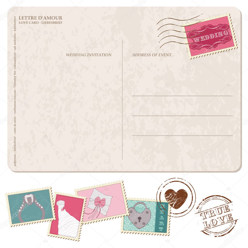 Retro Wedding Invitation postcard, with stamps - for design and