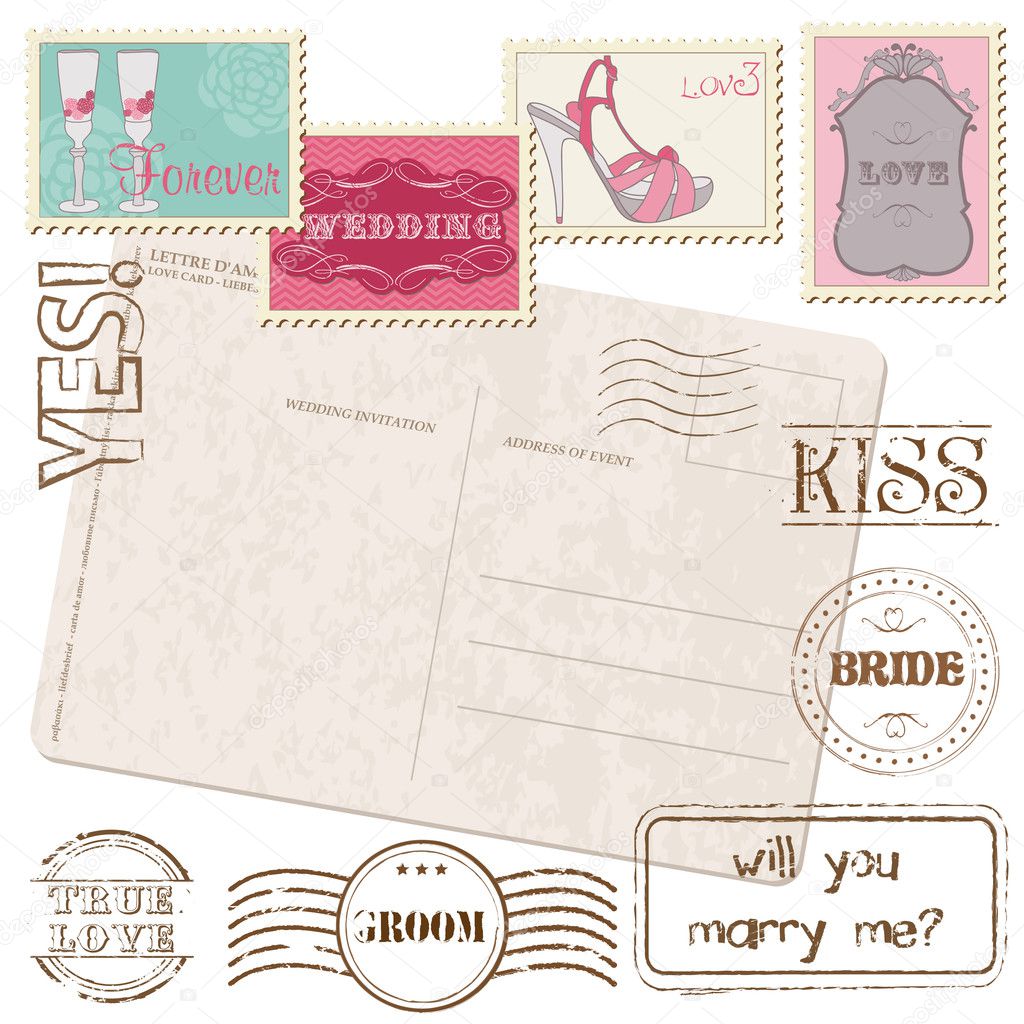 Set Of Wedding Postage Stamps with retro Postcard