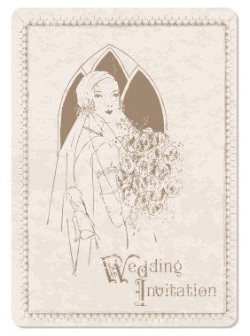 Retro Wedding Invitation postcard with Bride - for design and sc clipart