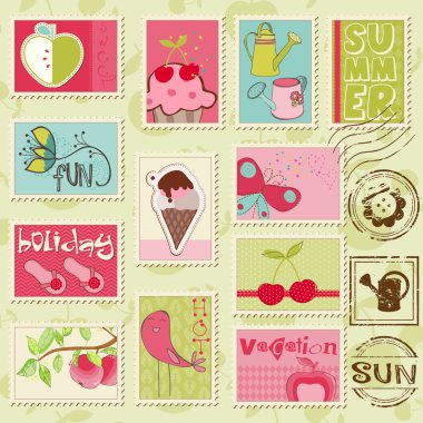 Vector summer stamps - set of beautiful summer-related rubber st clipart