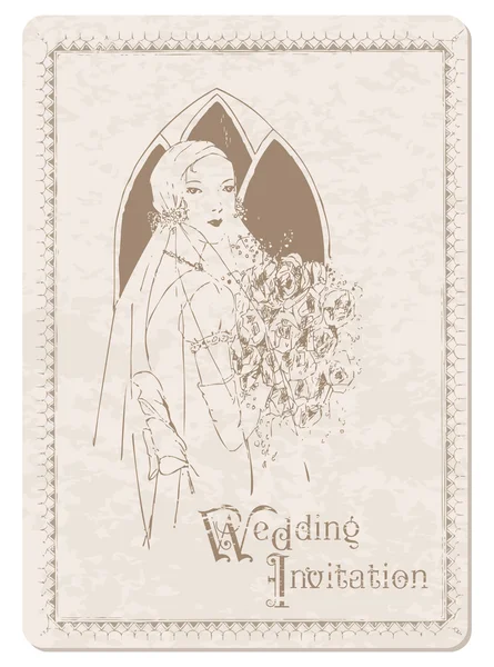Convite de casamento retro cartão postal com noiva - para design e sc — Vetor de Stock