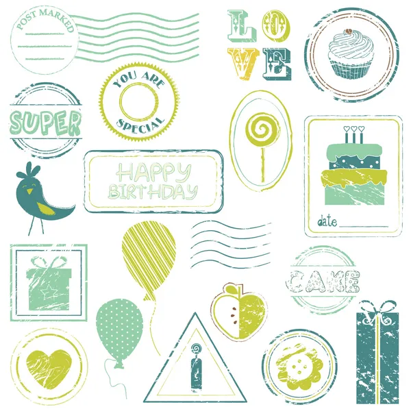 Set di francobolli vettoriali di compleanno IN COLORE - per design e scrapbooking — Vettoriale Stock