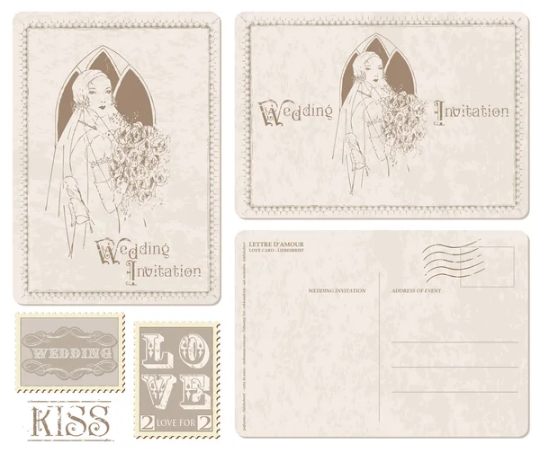 Boda retro invitación postal con novia - para el diseño y sc — Vector de stock