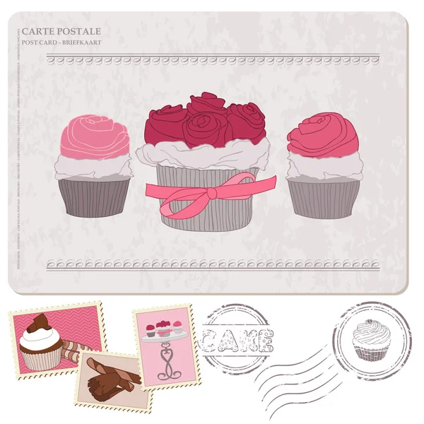 Conjunto de cupcakes em cartão postal antigo, com selos - para design e sc — Vetor de Stock