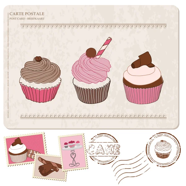 Set of cupcakes on old postcard, with stamps - for design and sc — Stock Vector