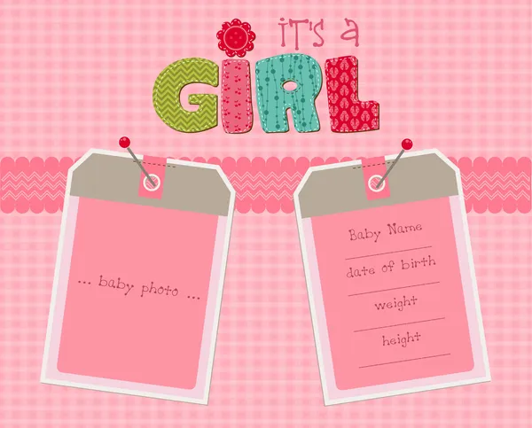 Baby girl příjezdu kartu s fotorámeček ve vektoru — Stockový vektor