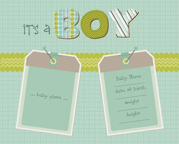 Baby boy ankomst-kort med foto stomme i vector — Stock vektor