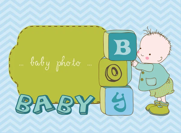 Baby boy ankomst-kort med foto stomme i vector — Stock vektor