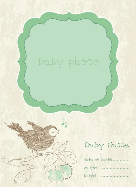 Tarjeta de llegada de Baby Boy con marco de fotos y lugar para su texto — Vector de stock