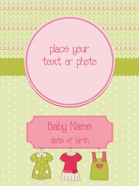 Cartão de chegada do bebê com moldura de foto —  Vetores de Stock