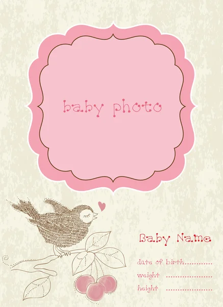 Baby Girl Arrival Card with Photo Frame in vector — Stock Vector