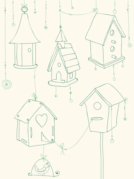 Greeting Card with Birds and Bird Houses doodles - for design an — Stock Vector