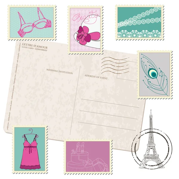 Tarjeta Postal Retro con Set de Sellos de Moda — Archivo Imágenes Vectoriales