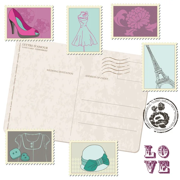 Cartão postal retrô com conjunto de selos de moda — Vetor de Stock