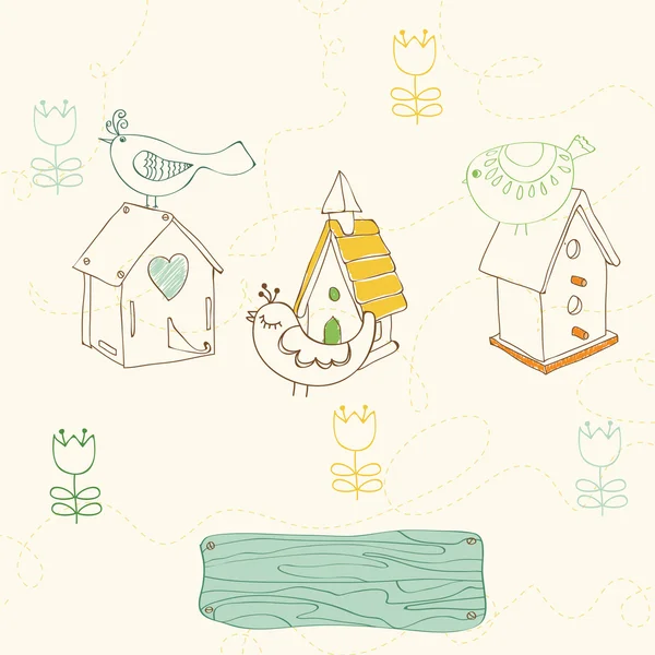 Vogels en de vogel huizen doodles - voor ontwerp en scrapbook — Stockvector