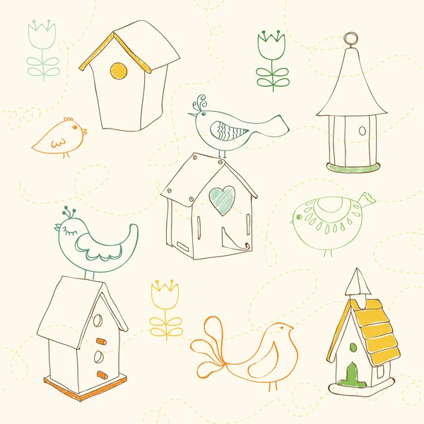 Pájaros y casas de pájaros garabatos - para el diseño y álbum de recortes — Archivo Imágenes Vectoriales
