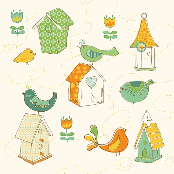 Birds and Bird Houses doodles - para design e scrapbook —  Vetores de Stock