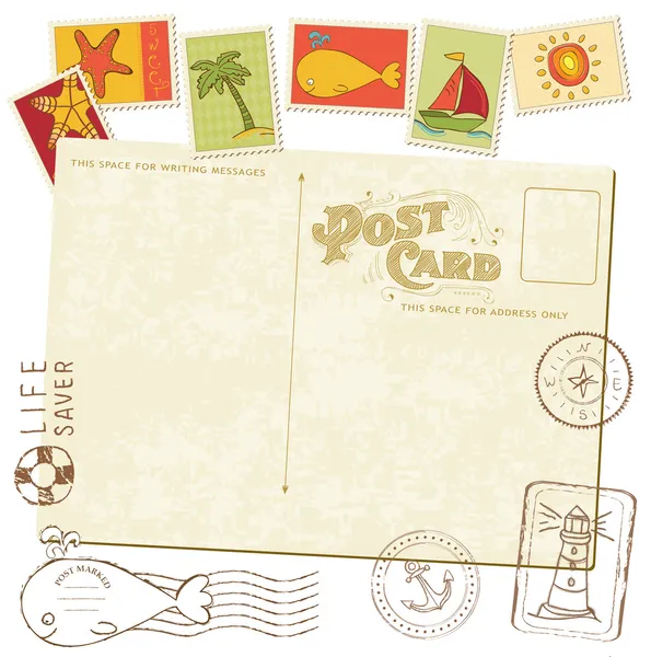 Carte postale Rétro Invitation avec timbres SEA pour le design et la ferraille — Image vectorielle