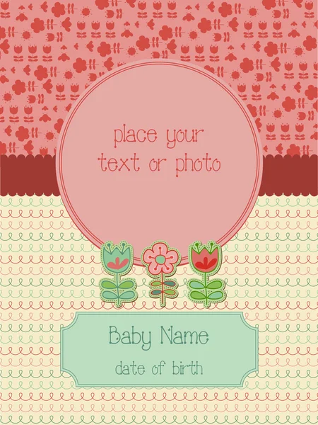 Carte d'arrivée de bébé avec cadre photo — Image vectorielle