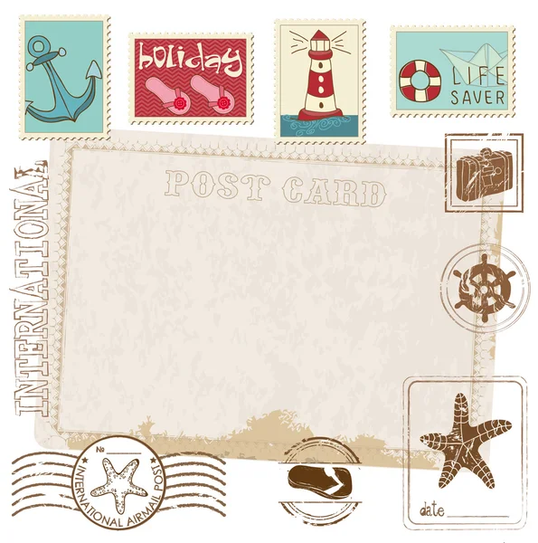 Πρόσκληση ρετρό καρτ ποστάλ με θάλασσα γραμματόσημα - σχεδιασμός και θραύσματα — Διανυσματικό Αρχείο