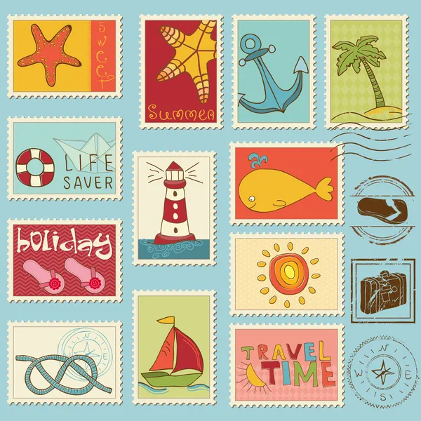 Elementi del mare - Collezione di francobolli vettoriali — Vettoriale Stock