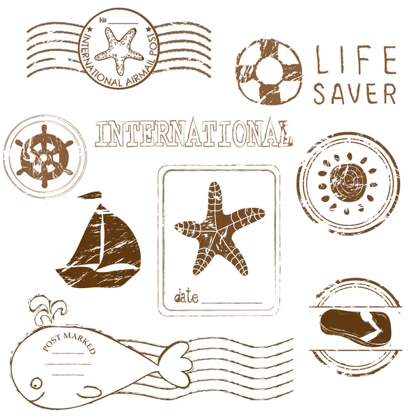 Морские элементы - коллекция векторных резиновых марок — стоковый вектор