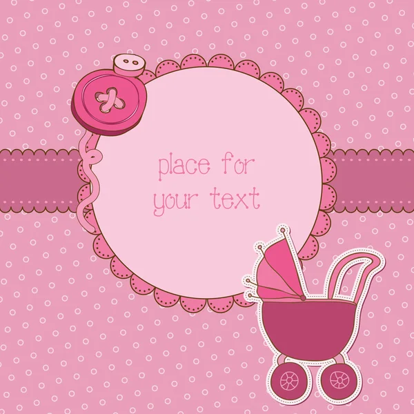 Baby meisje aankomst kaart met fotoframe en plaats voor uw tekst — Stockvector