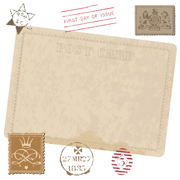 郵便切手のセットを持つベクターでアンティークのポストカード — ストックベクタ