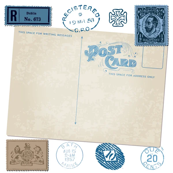 Cartão postal antigo em vetor com selos postais — Vetor de Stock