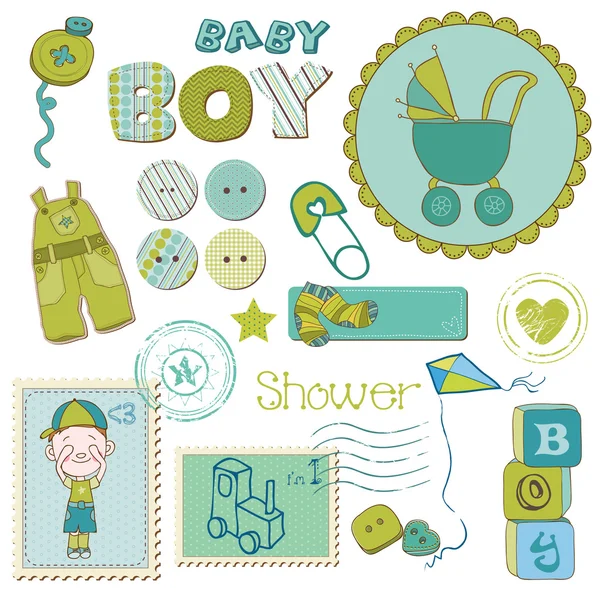 剪贴簿婴儿淋浴男孩套装-设计元素 — 图库矢量图片