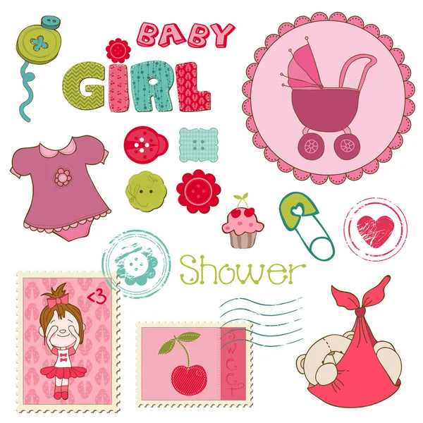 スクラップ ブック シャワー女の子ベビーセット - デザインの要素 — ストックベクタ