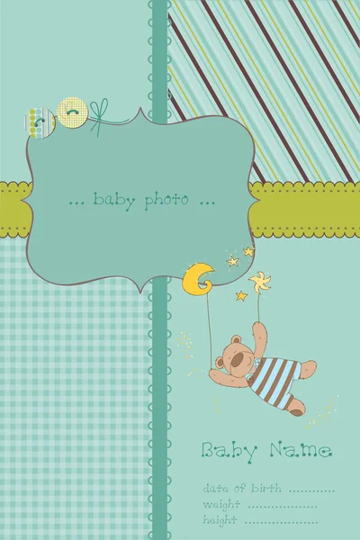 Baby Boy Arrival Card with Photo Frame and place for your text i — Stock Vector