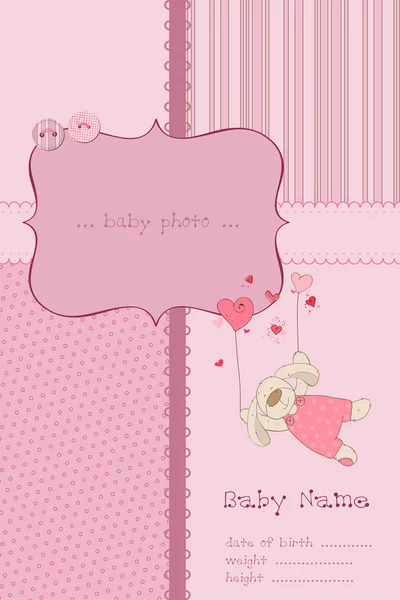 Tarjeta de llegada de bebé niña con marco de fotos y lugar para su texto — Vector de stock