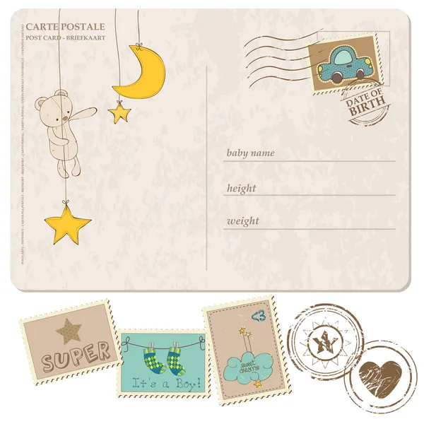 Dziecko chłopca przyjazdu pocztówka z zestaw znaczków — Wektor stockowy