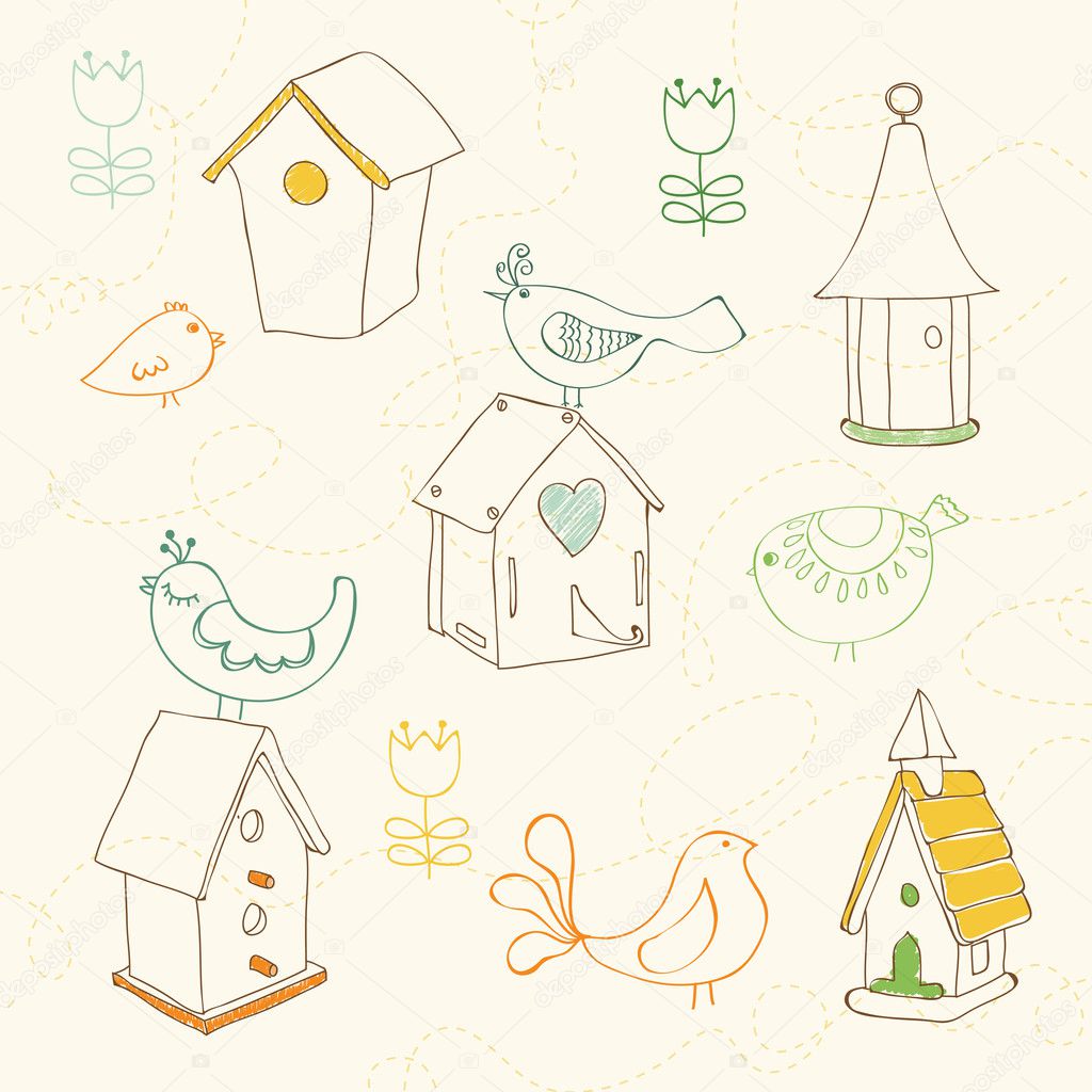 Birds and Bird Houses doodles - for design and scrapbook