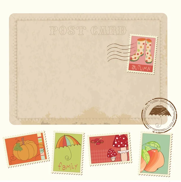 Carte postale d'invitation rétro avec timbres d'automne - pour le design et sc — Image vectorielle
