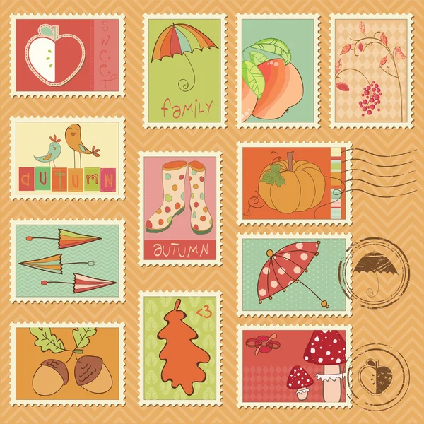 矢量秋季邮票-美丽的秋天相关邮票一套 — 图库矢量图片