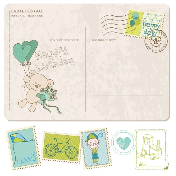 Baby Boy Cumpleaños Postal con conjunto de sellos — Vector de stock