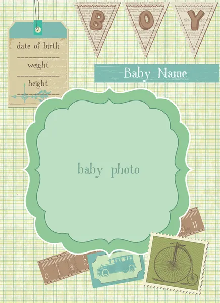 Tarjeta de llegada de Baby Boy con marco de fotos y lugar para su texto — Vector de stock