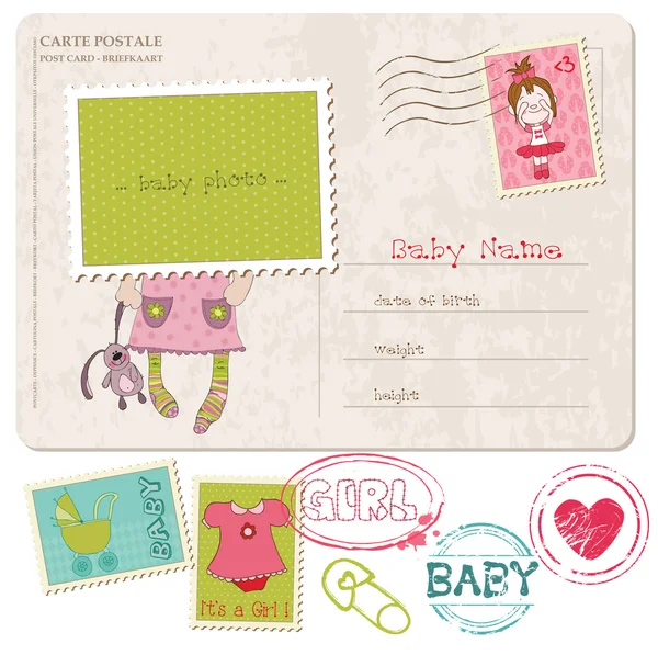 Baby Girl cartão postal com lugar para sua foto e texto — Vetor de Stock