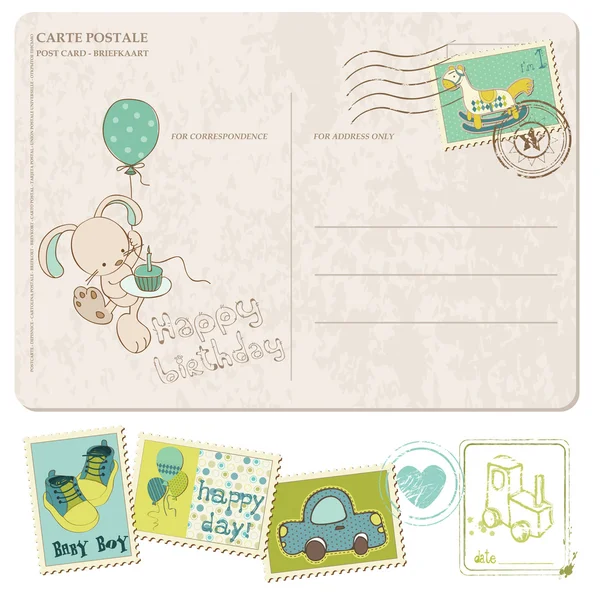 Carte postale d'anniversaire de bébé garçon avec un jeu de timbres — Image vectorielle