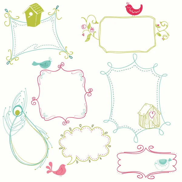 Γλυκό doodle πλαίσια με τα πουλιά και τα σπίτια πουλιών — Διανυσματικό Αρχείο