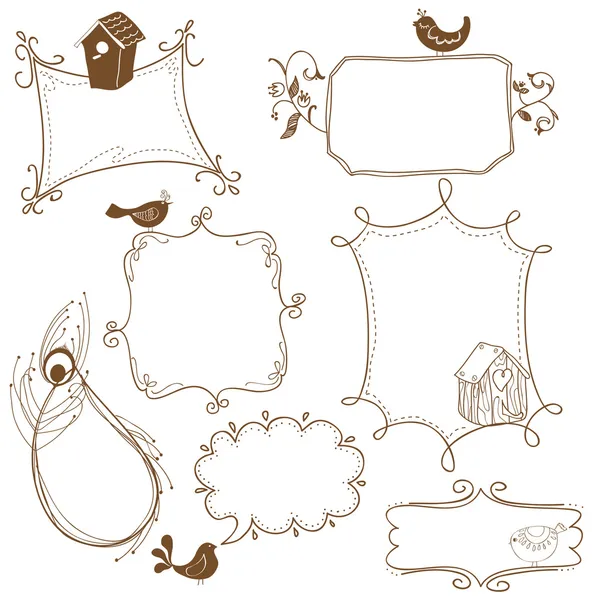 Marcos de Doodle dulce con pájaros y casas de aves — Vector de stock