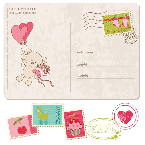 Baby Girl Greeting Postcard with set of stamps Stock Vector